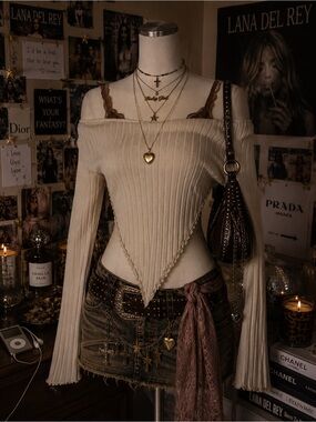 Y2K ribbed Chic Beige Off-Shoulder Sweater